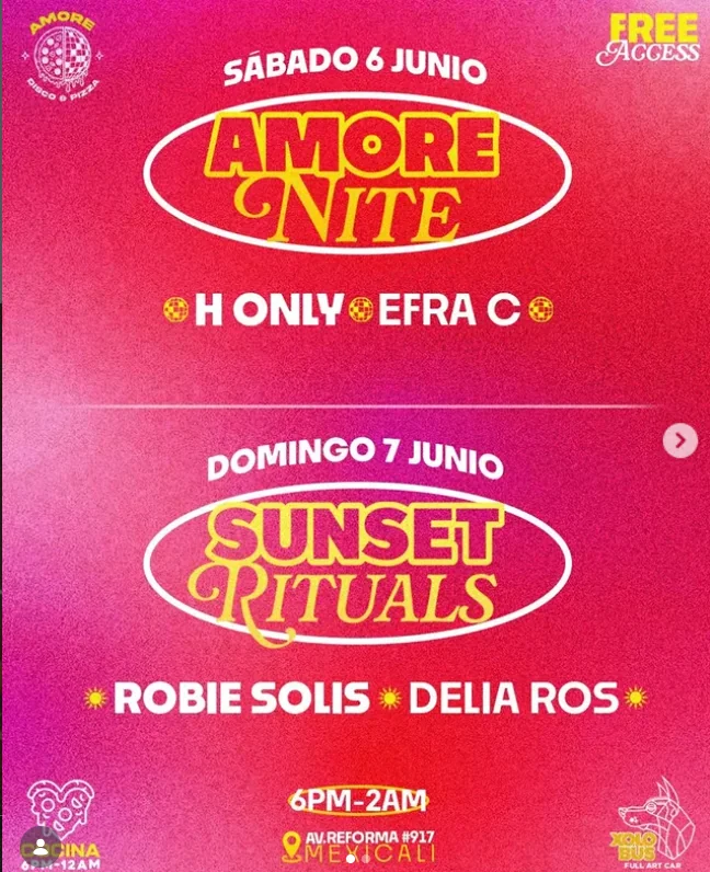 Flyer de Amore nite & Sunset rituals
