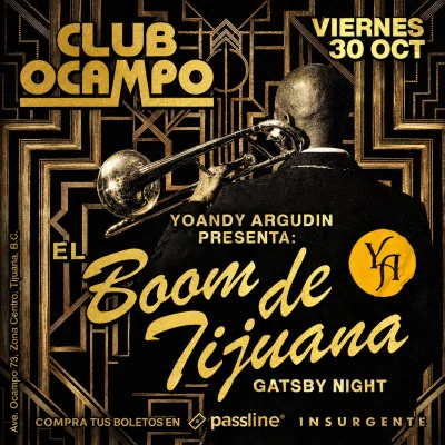 Flyer de Gatsby Night con el Boom de Tijuana