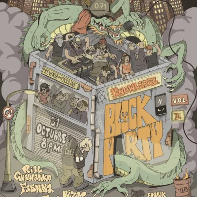 Flyer de Knowledge Block Party Vol.3: Rial Guawanko, Faenna, Juli Giuliani, Bizor, Sipo One, Fume 871, Racal