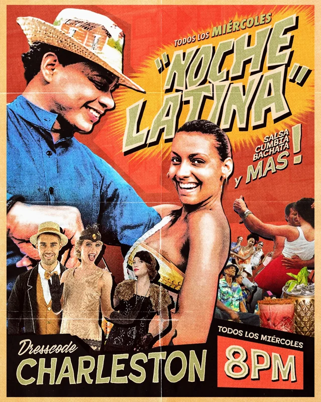 Flyer de Noche Latina en Mercado Cine Curto