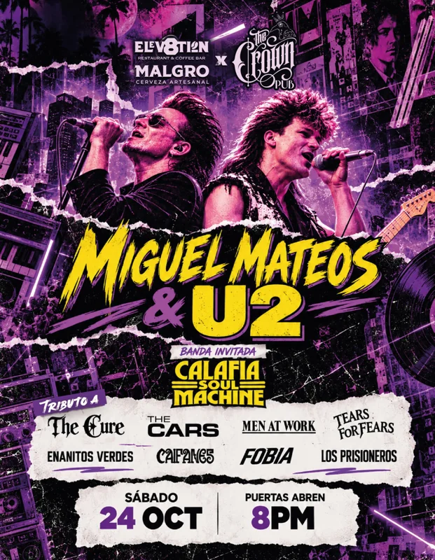 Flyer de Tributo a Miguel Mateos, U2 y clásicos del Rock 80s y 90s