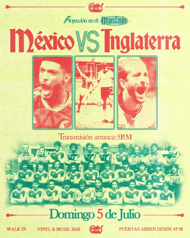 LA FIEBRE DEL MUNDIAL ESTÁ EN EL VINILO, ESTÁ EN EL MANDARÍN.

Este domingo, por ocasión especial, a partir de las 04:00 PM, vamos a proyectar el partido de México contra Inglaterra… Mejor dicho, Maná contra Oasis.

Nuestra agenda para el resto de la semana sigue tal cual, así que los esperamos como todos los días.